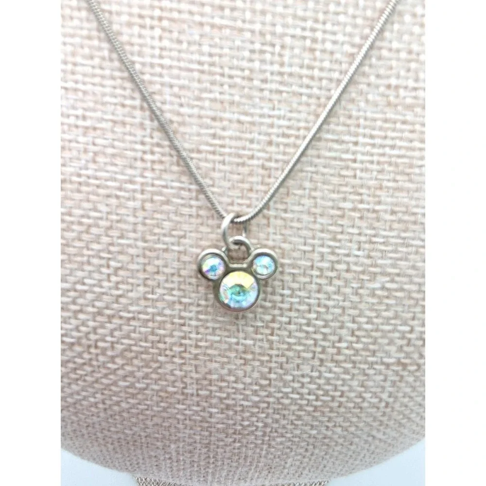 Vtg DISNEY Micki Mouse‎ Necklace SWAROVSKI Crystal Silver Plate Snake Chain 16